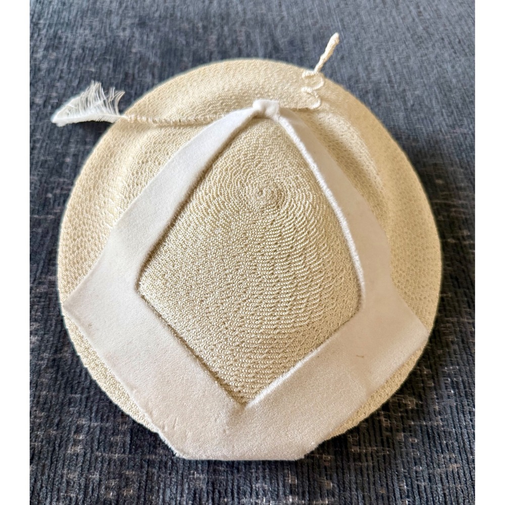Christine Original Pillbox Hat Womens 22 Cream Vintage Straw Feather Park Ave NY